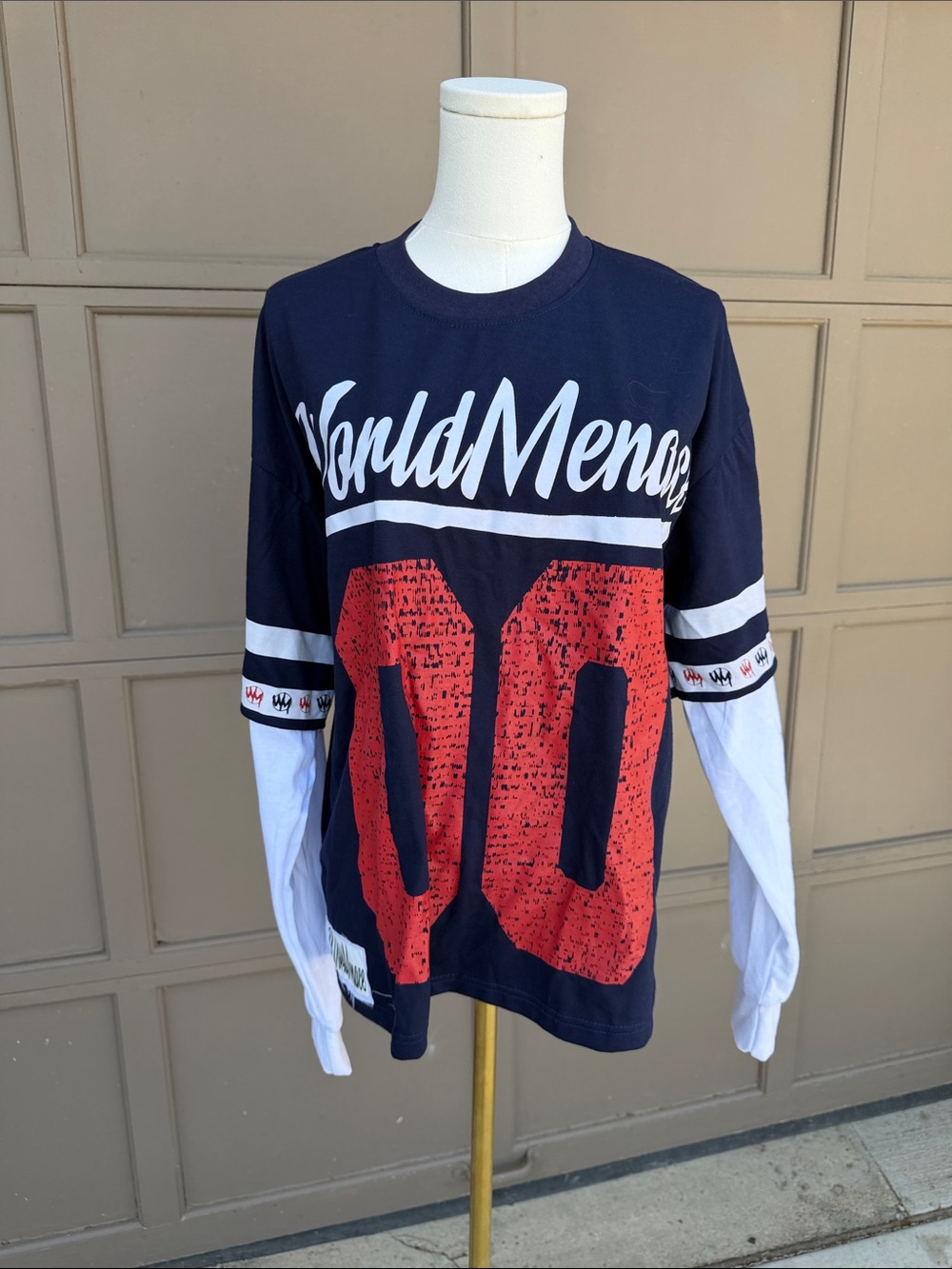 Navy Crewneck with Red '00' Graphic and Layered White rhinestone Sleeves
